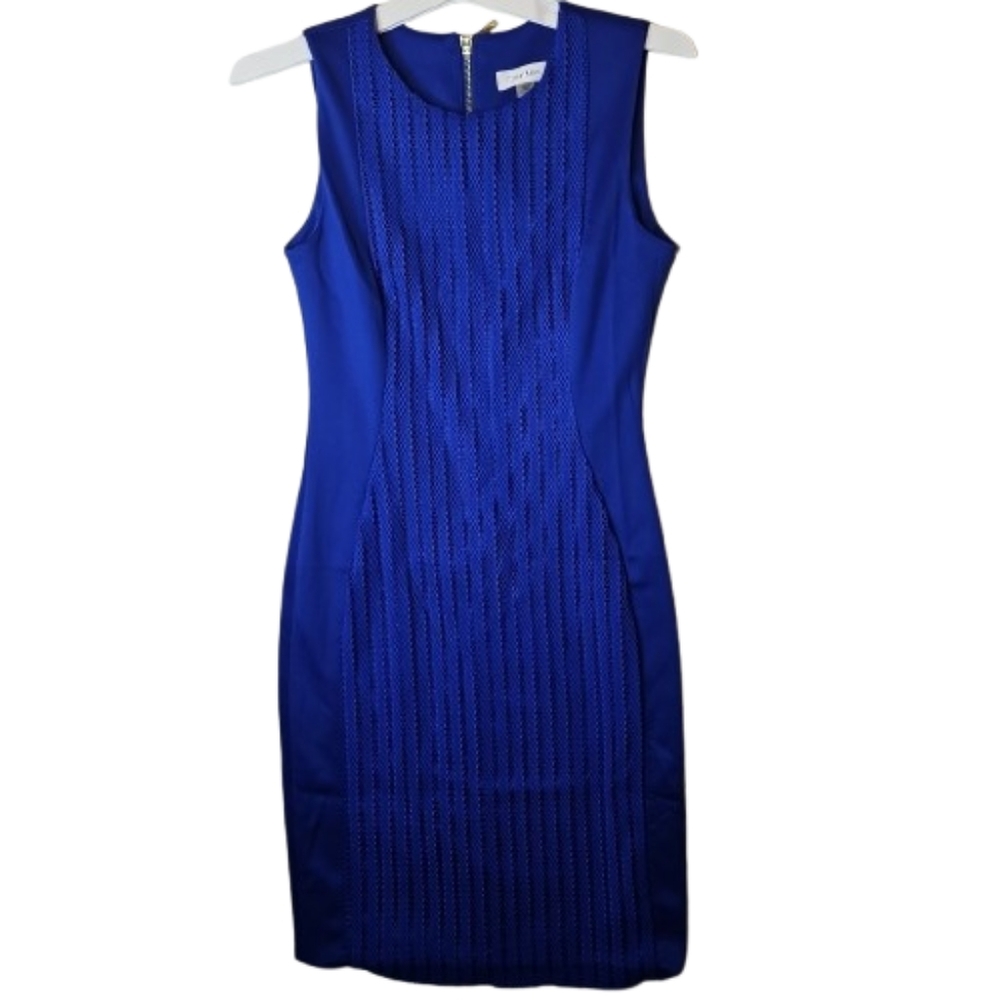 Calvin Klein Dress Women's Size 4 Blue Sheath Dress Keyhole Stretch Sleeveless